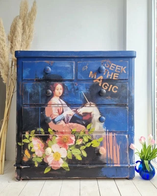£395 • Buy PAINTED CHEST OF DRAWERS Blue Pink Funky DECOUPAGE Pink Decoupage Sideboard