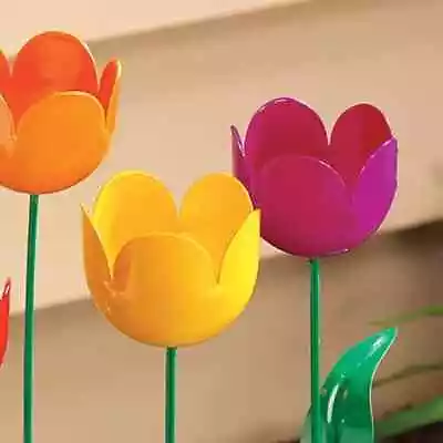 Metal Flower Blooms Set Of 5 Garden Tulip Stake Patio Yard Lawn Garden Decor • $28.50