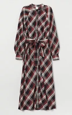 NWT H&M Trend Black Red Plaid Tie Belt Buttoned Dress Long Sleeves Calf Length 8 • $69.99