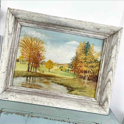 $75 • Buy Vintage Landscape Painting Fall Lake Trees Canvas Board Paint Wood Frame Signed