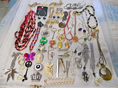 Jewelry Lot Over 50 - 60 Pcs Necklaces Pins Tie Clips Earrings Bracelets Plus • $9.99