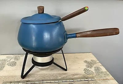 Vintage Retro MCM Blue Fondue Pot Set And Matching Base With 4 Forks • $25