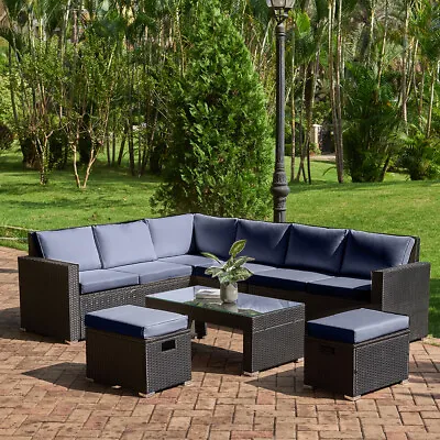 8 Seater Rattan Garden Furniture Set Outdoor Corner Sofa Table Stool Patio • £399.99