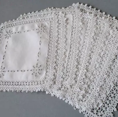 Set 8 Vintage MADEIRA Luncheon Cocktail Napkins Hand Embroidery CUTWORK + Lace • $24.99