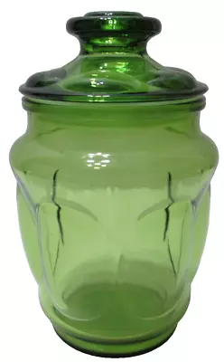 Vintage LE Smith Glass Canister Jar With Lid Oval Bubbles Green 7 3/4  Tall #1 • $29.99