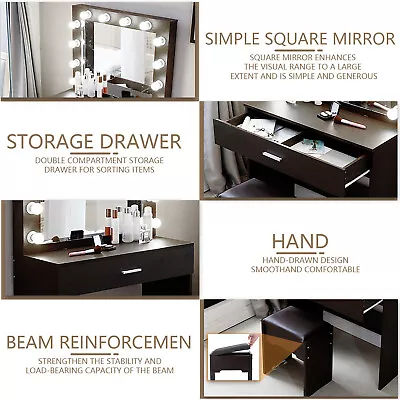 Vanity With Lights And Mirror Durable Cushioned Stool Dressing Makeup Table Set • $119.99