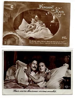 2 RPPC Couples In Bed Studio Pose Furniture Mustache B/W Sepia Kiss  WOB (202A) • $8