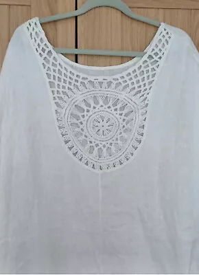 Lagenlook Pure Linen Dress Tunic Crochet Back Oversized Fits 22/24 • £9.99