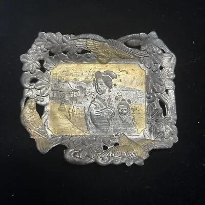 Antique Yokohama Japan Cast Metal Souvenir Dish Embossed Geisha Parrot Bird Pin  • $38