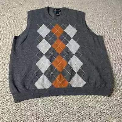 Garret Scott Mens Vest Sweater Size XL Gray Argyle Extra Fine Merino Wool V-Neck • $14.97