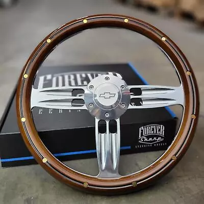 14  Billet Steering Wheel Mahogany Brass Rivets + Chevy Bowtie Licensed Horn • $179.48