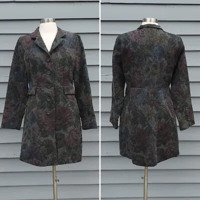 Vintage 90s Y2k Victorian Needlepoint Tapestry Brocade Floral Midi Trench Coat 8 • $174.99