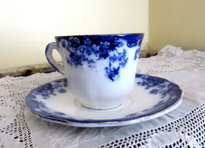 JOHN MADDOCK & SONS ENGLAND FLOW BLUE FLORAL DEMITASSE CUP & SAUCER Marked Linda • $29.99