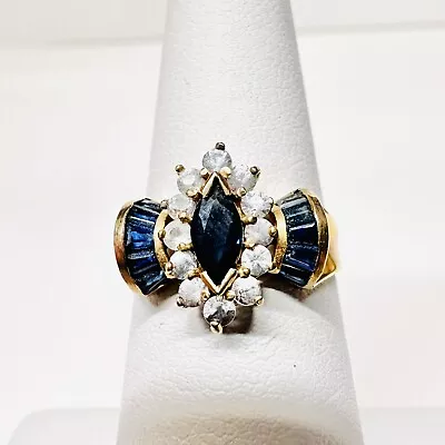 Vintage 10k Yellow Gold Dark Blue Sapphire And White Topaz Cocktail Ring • $399.95