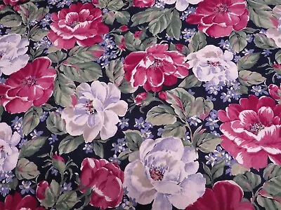 Cranston Print Works Open Bloom Rose Magnolia Flower Fabric 2+ Yards Navy Blue • $9.29