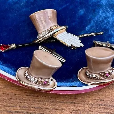 Vintage BSK My Fair Lady Rhinestone Top Hat Pin & Cuff Links Rhinestone Set • $68