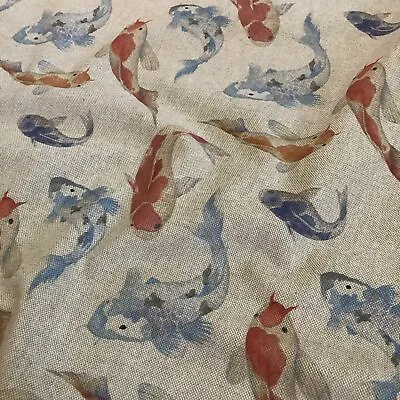 £5.49 • Buy Japanese Koi Fish Digital Print Cotton Rich Linen Fabric Curtaining Upholstery