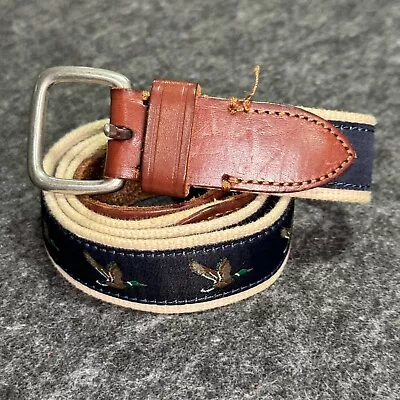 J. Crew Brown Leather Blue Canvas Duck Print Mens Belt Size 36 • $14.24