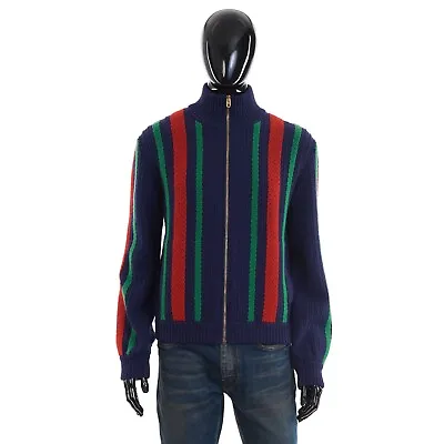 GUCCI 2200$ Dark Blue Knit Wool Bomber With Vertical Web • $1386
