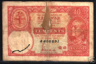 SARAWAK 10 CENTS P-25 1940 X 1 RAJAH BROOKE Rare MONEY BILL MALAYSIA BANK NOTE • $99.99