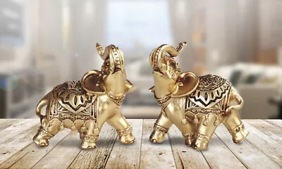 2-PC Miniature Gold Elephant With Tattoo 3.5 H Statue Figurine Room Decor • $26.12