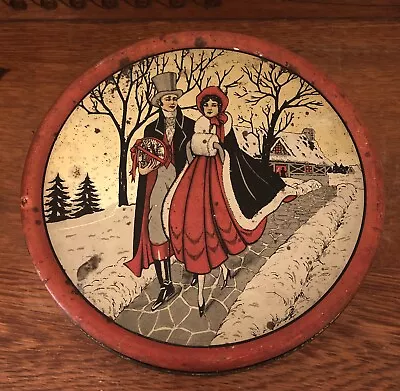Vintage Christmas Cookie Fruitcake Round Tin Winter Scene Snowy Victorian Couple • $20
