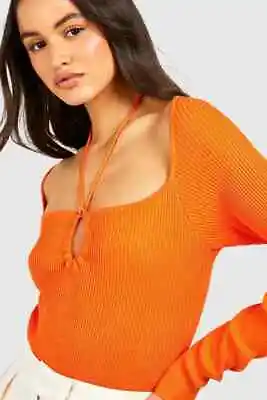 Boohoo Orange Halterneck Rib Knit Bodysuit Size Small • £14.99