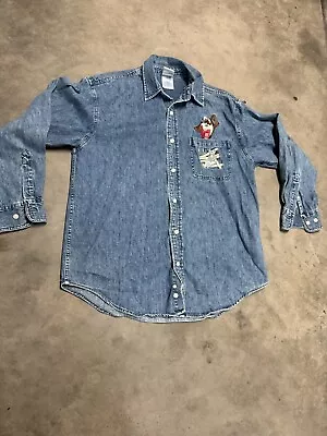 Vintage Taz Looney Tunes Warner Bros 90s Denim Long Sleeve Shirt Size S • $2