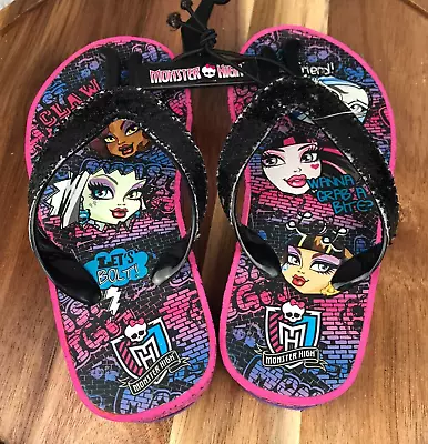 Monster High Sandals Big Girls S 11/12 Graphic Glitter Flip Flops NEW • $29.88