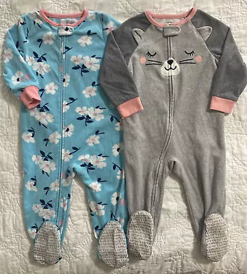 Lot Of 2 - Carter's Girl's Fleece Footed Pajamas -18 Months Cat Flowers • $14.99