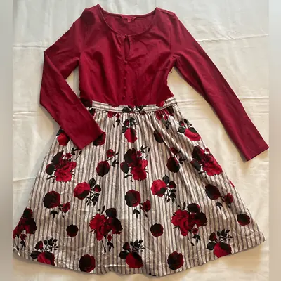 Modcloth Women's Red Long Sleeve Rose Flower Dress Size Large • $30