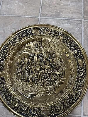 Vtg Brass Stove Pipe Cover Plate Fire Place Pub Bar Table Winch   Scene 17 In • $20