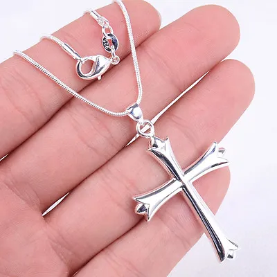 Solid 925 Sterling Silver TARNISH-FREE Large Cross Pendant + Necklace Chain E377 • $15.99