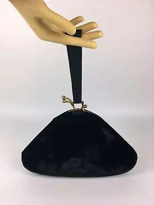 English Vintage Women’s Black Velvet Wrist/Finger Handbag Bag By Waldybag 1950s • £195