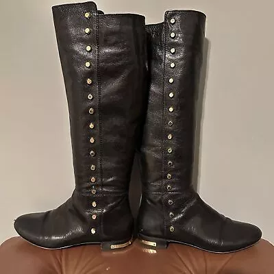 Michael Kors Womens Ailee Riding Boots Black Leather Knee High Studded 6.5 • $58