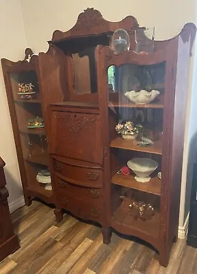 Antique DOUBLE SIDE BY SIDE Oak SECRETARY Drop Front  DESK BOOKCASE • $588