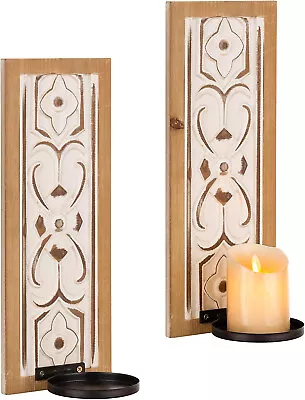 Set Of 2 Wooden Wall Candle Holders Pillar Candle Rustic Wall Sconces 40cm H • £19.99