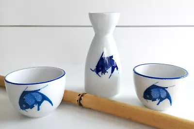 Traditional Japanese Sake Set Koi Fish Porcelain- Sake Bottle And 2 Cups • $20