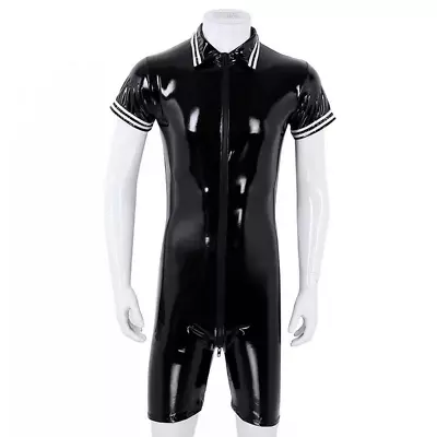 Men Faux Patent Leather Jumpsuit Catsuit Bodysuit Zip PVC Clubwear Crotchless • £24.06