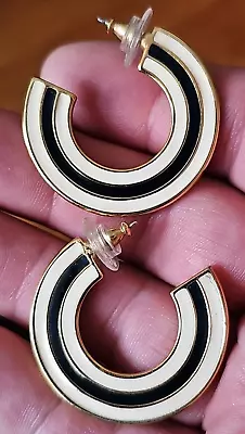 Vintage Monet Large Hoop Black & White Enamel Earrings • $9.99