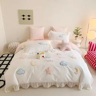 Moon And Star White Gilrs Room Princess Rufffle Duvet Cover Bedding • $119