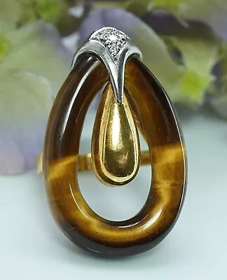 H Stern Designer Vintage Tiger Eye Diamond Modernist Ring 18K Gold Giant Signed • $2499