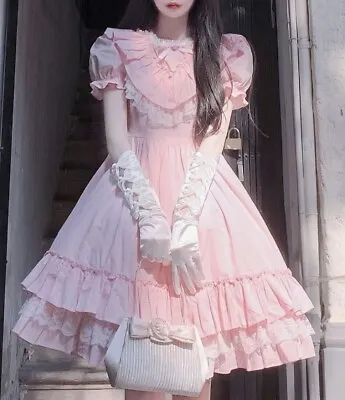 Japanese Women Lolita Mori Girl  Retro Pink Daily High Waist Ruffle Dress • $46.49