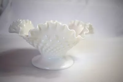 Vintage Fenton White Milk Glass Hobnail Double Ruffle Pedestal Bowl • $22