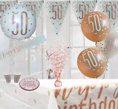 50th Birthday Glitz White Rose Gold Themed Birthday Party Decorations Supplies • £3.50