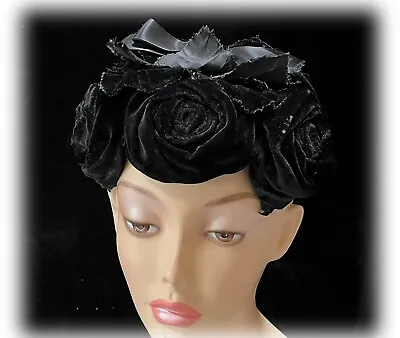 Vintage 1940s Don Anderson Black Velvet Rosette Percher Hat Headband Satin Bow • $45