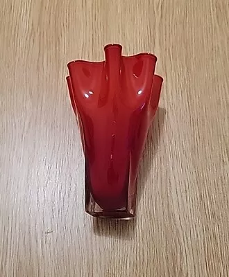 Vintage Murano Style Ruby Glass Frill Rim Handkerchief Vase-1960s • £10