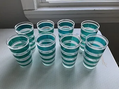 Mid Century Retro Atomic Teal And White Striped Highball Tumblers • $29