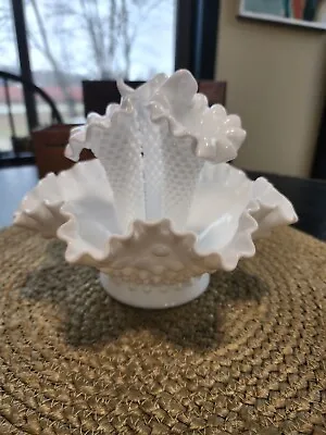 Vintage  Fenton  3 Horn Milk Glass Hobnail Epergne Vase Set MCM 6.5 Inches Tall • $75