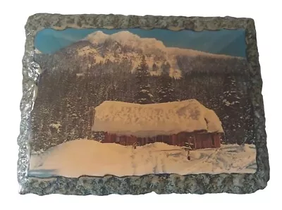 Vintage Snowy Log Cabin Wood Wall Art Plaque  Retro 15.75  X 11.5   Ski Cabin  • $60